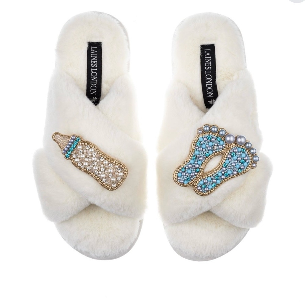 Laines London Slippers Women's Baby Shower Baby Boy Slippers Brooches Medium 7-8